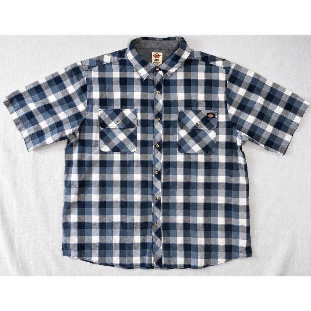 Dickies Plaid Button Up Shirt Men's 2XLT Blue Gray Short Sleeve Workwear